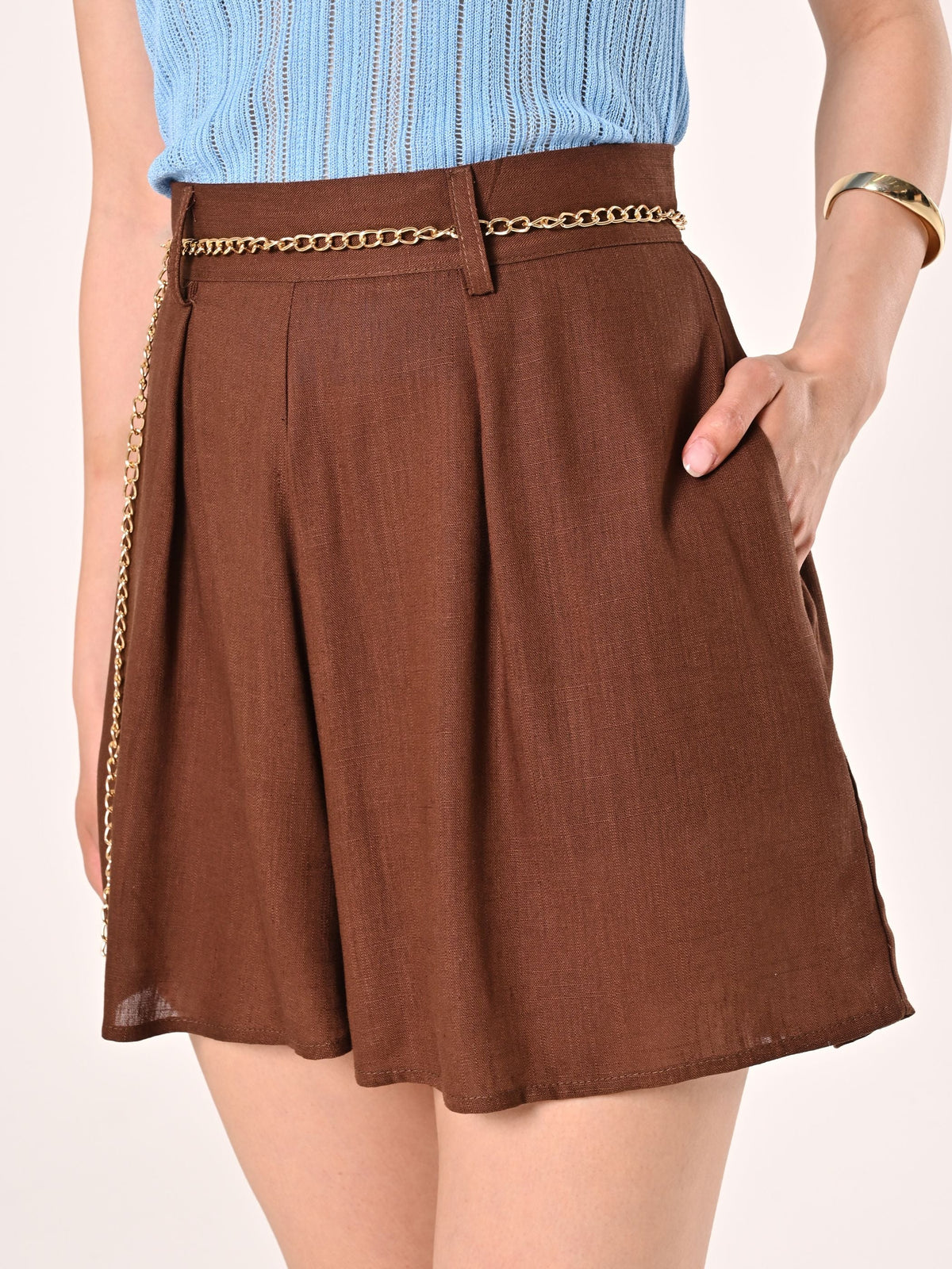 Shorts Marroni in Lino Viscosa