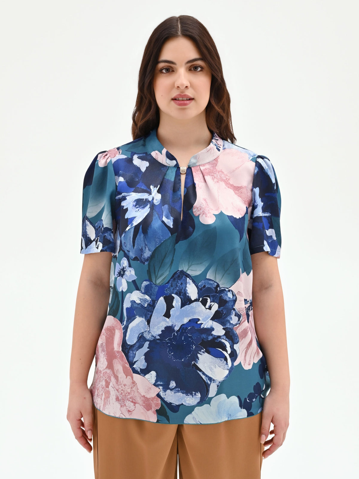Blusa blu ottanio curvy con stampa floreale