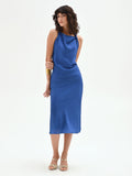 Abito midi blu brillante con drappeggio asimmetrico