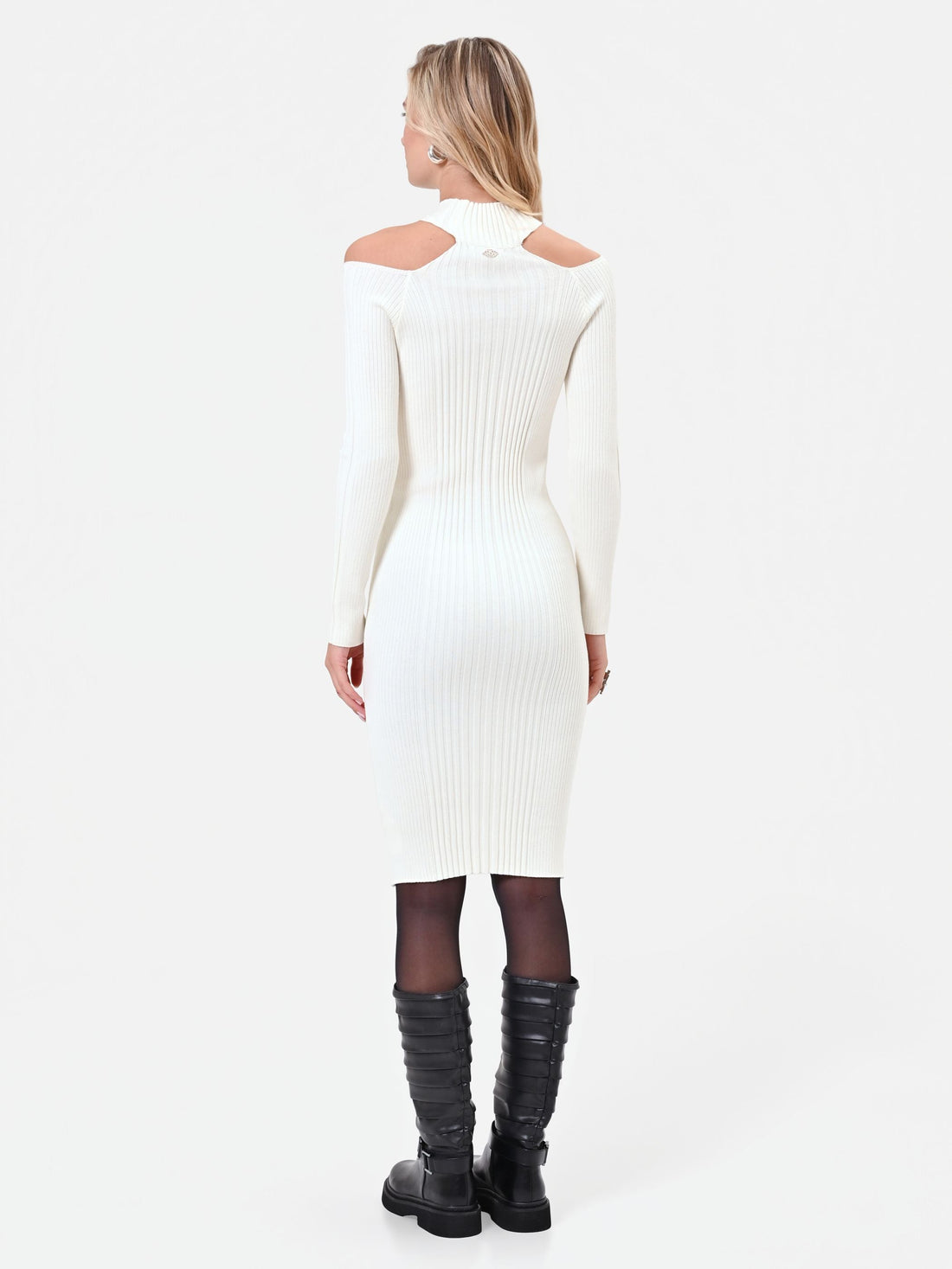 Abito midi in maglia di viscosa bianco panna con cut out