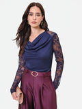 Blusa blu navy con scollo ad anello e maniche in pizzo