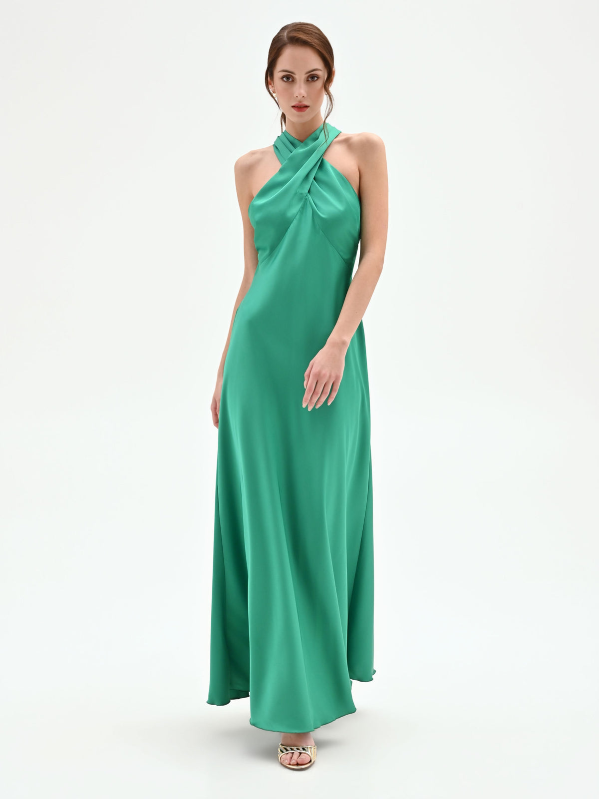 Abito lungo prato verde con scollo a torchon