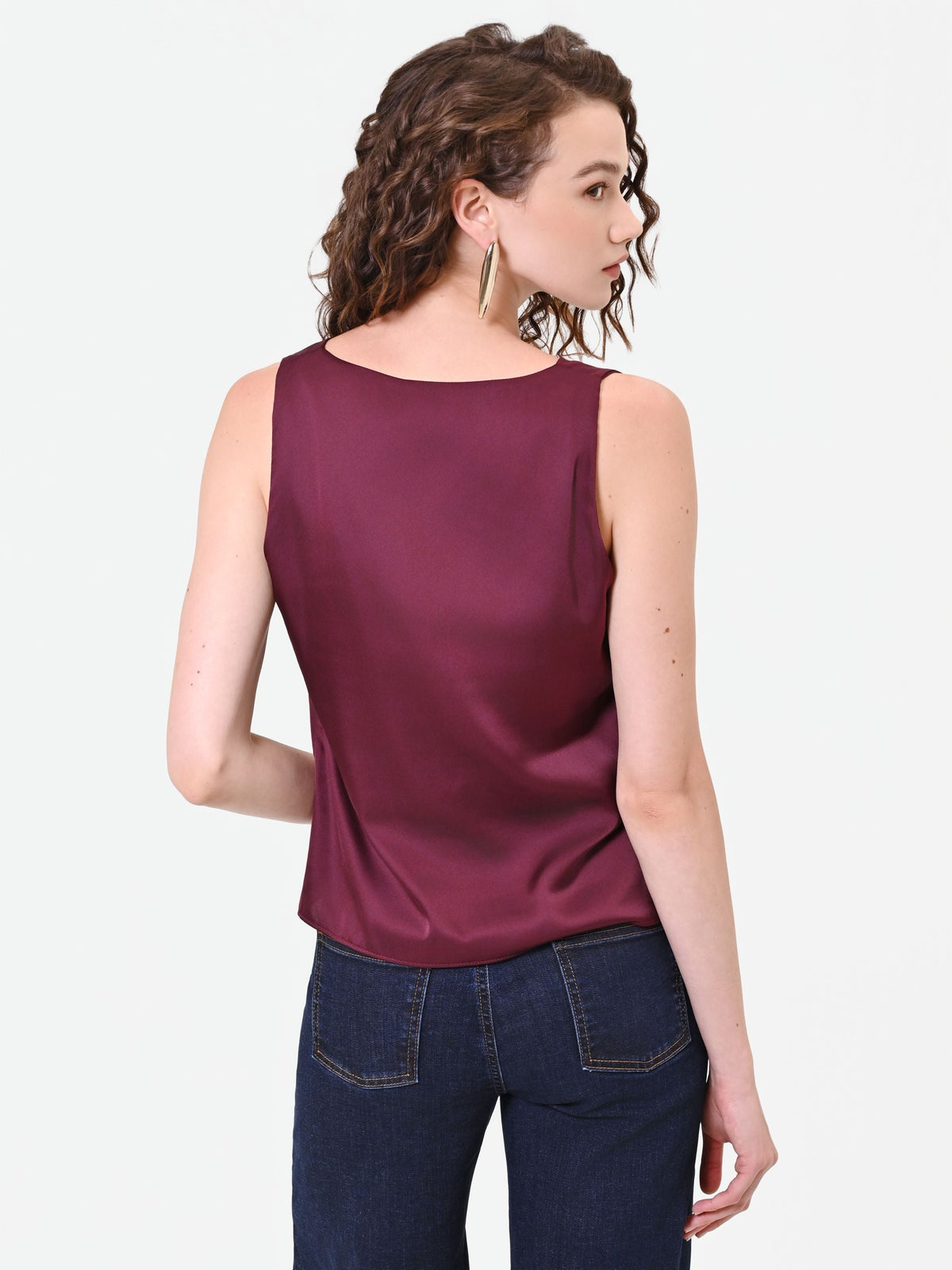 Top in raso bordeaux rosso con nodo