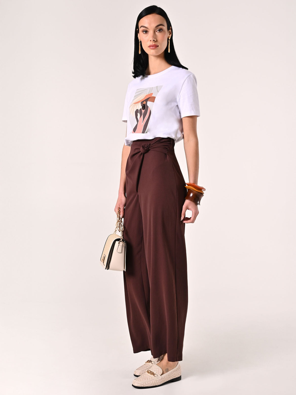 Pantaloni Marrone Cioccolato con Nodo effetto Goffrato
