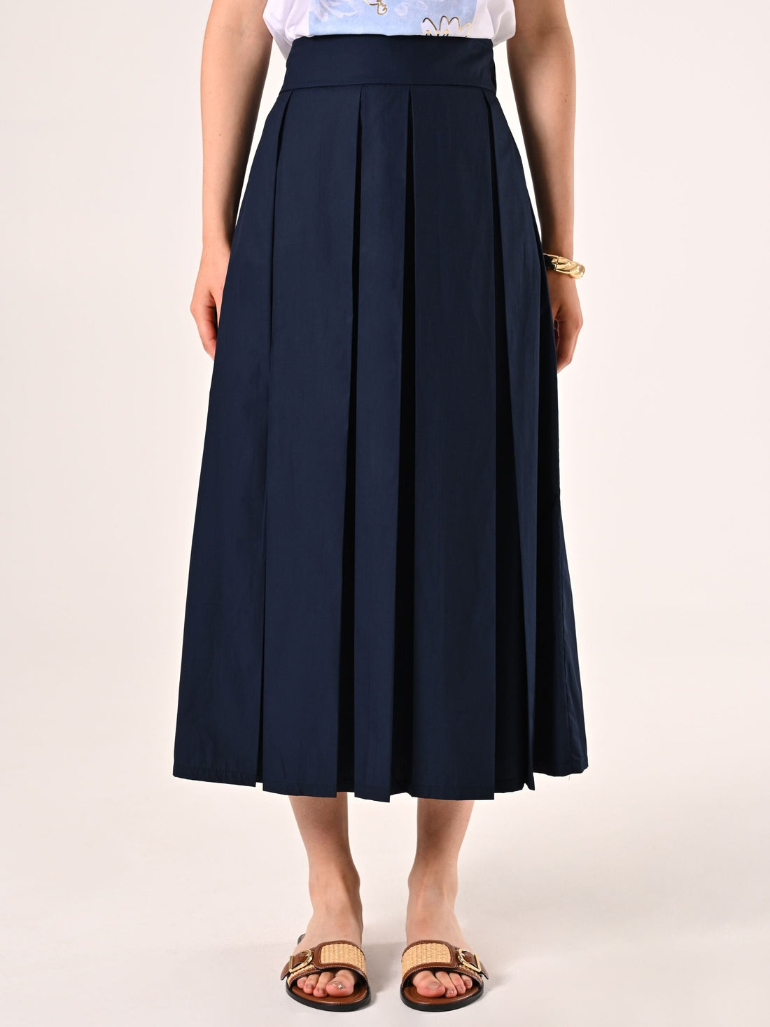 Gonna Midi a Ruota in Cotone Blu