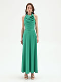 Abito lungo prato verde con scollo drappeggiato
