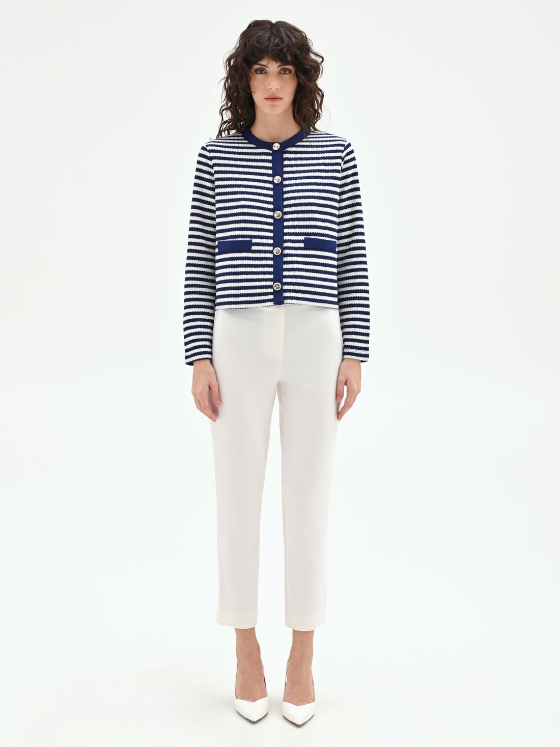 Giacca blu in maglia a righe