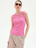 Top rosa in maglia a costine con inserto a righe