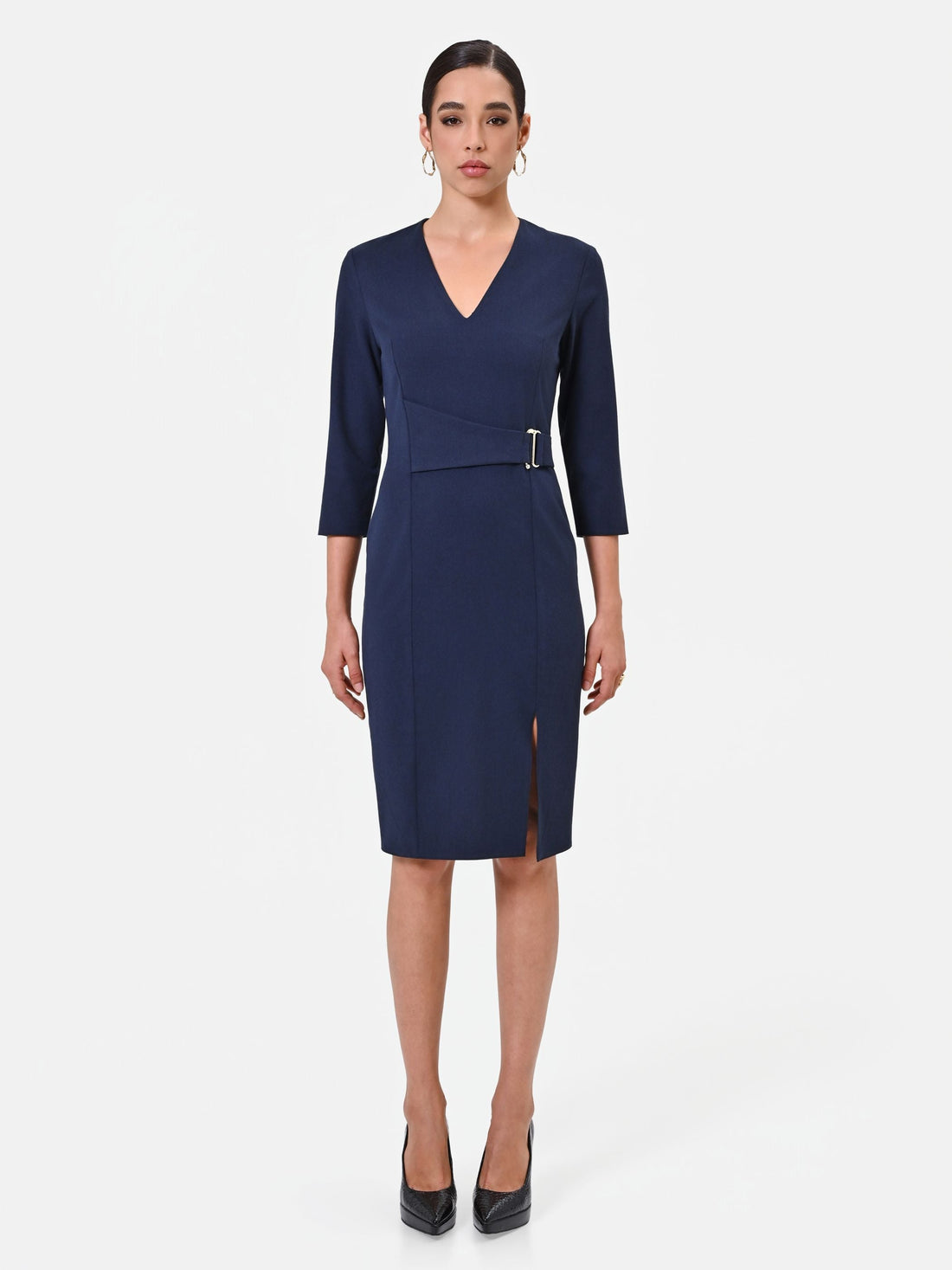 Abito tubino in misto viscosa blu navy con incrocio