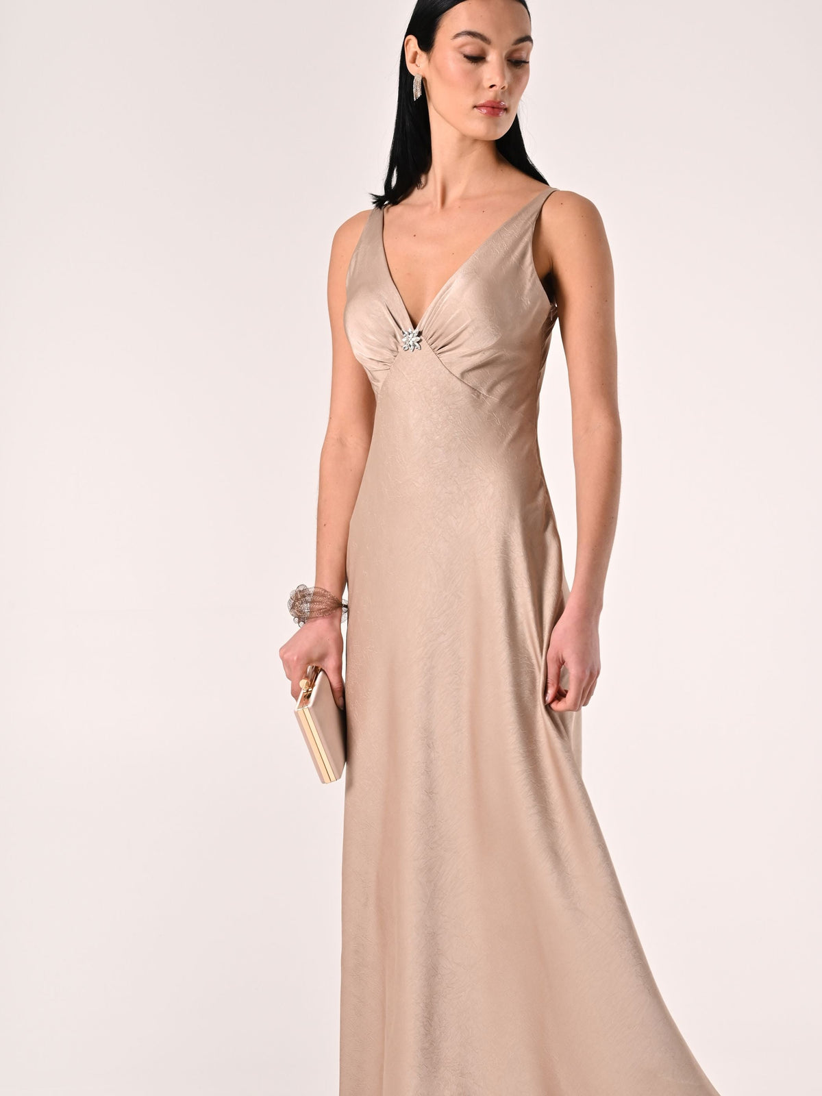 Abito Lungo in Envers Satin Beige Scuro