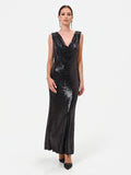 Abito lungo nero in paillettes con scollo posteriore drappeggiato
