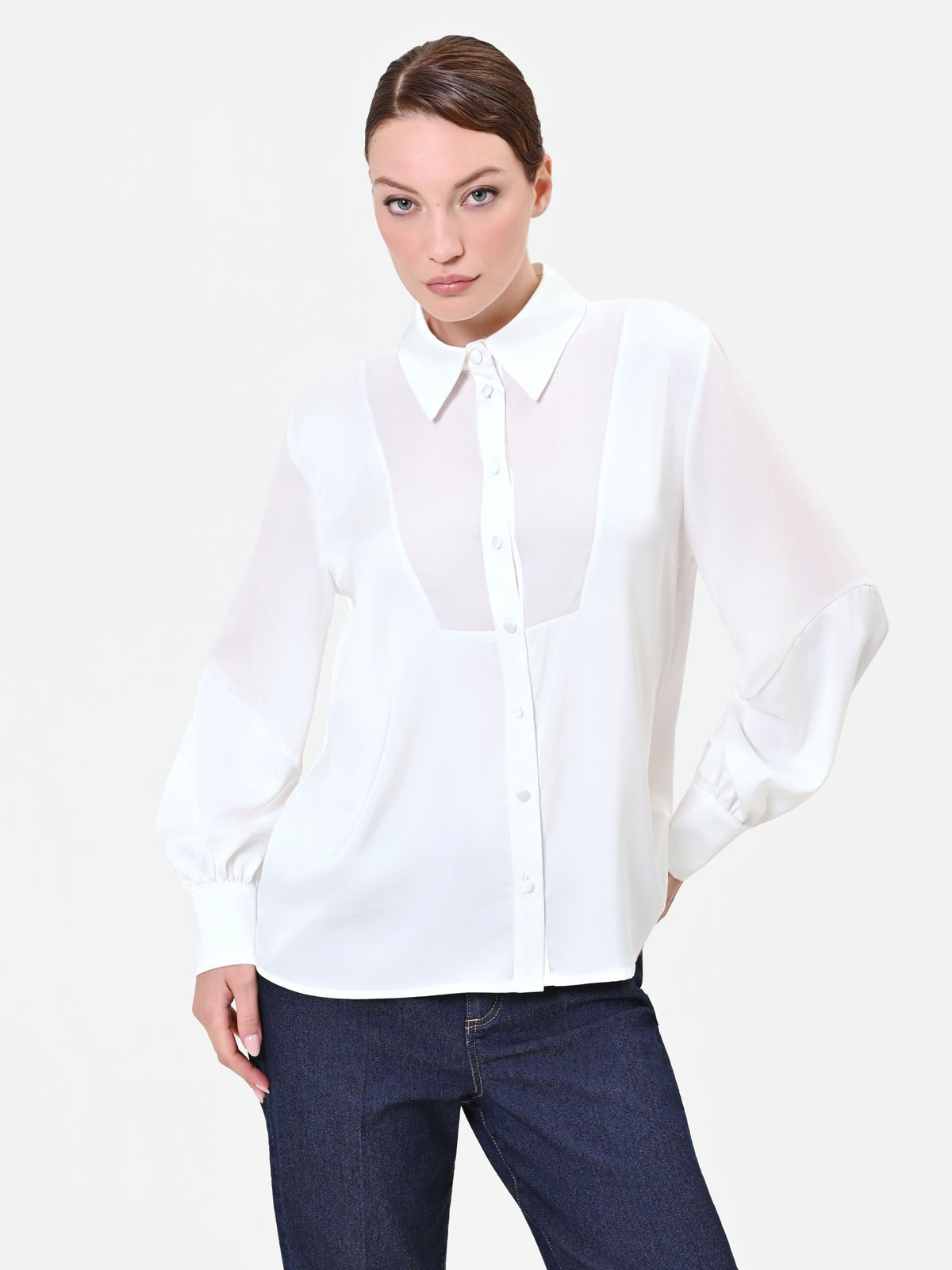 Camicia in georgette panna bianco con inserto geometrico