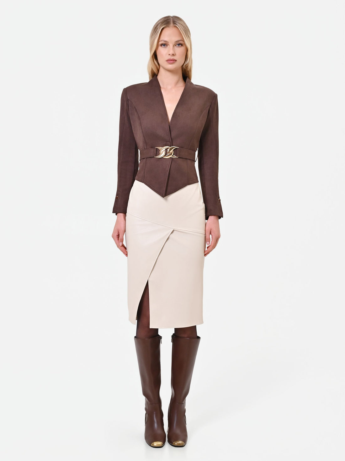 Giacca Marrone con Foulard effetto Camoscio