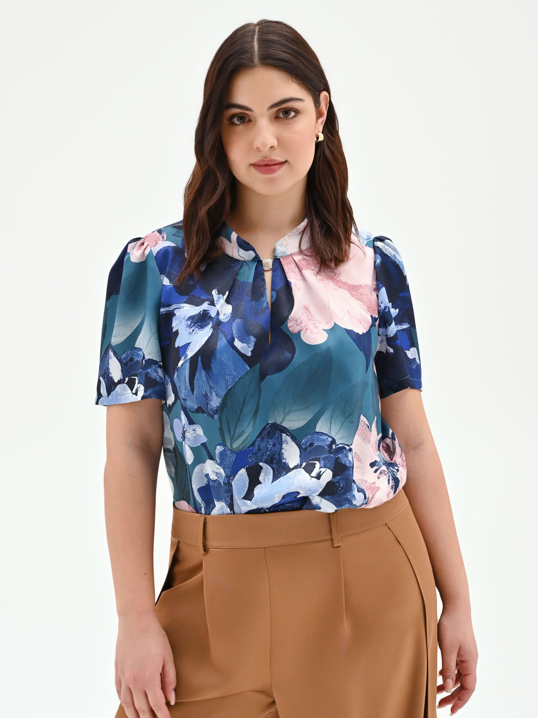 Blusa blu ottanio curvy con stampa floreale