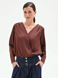 Blusa cioccolato in raso con inserti in pizzo