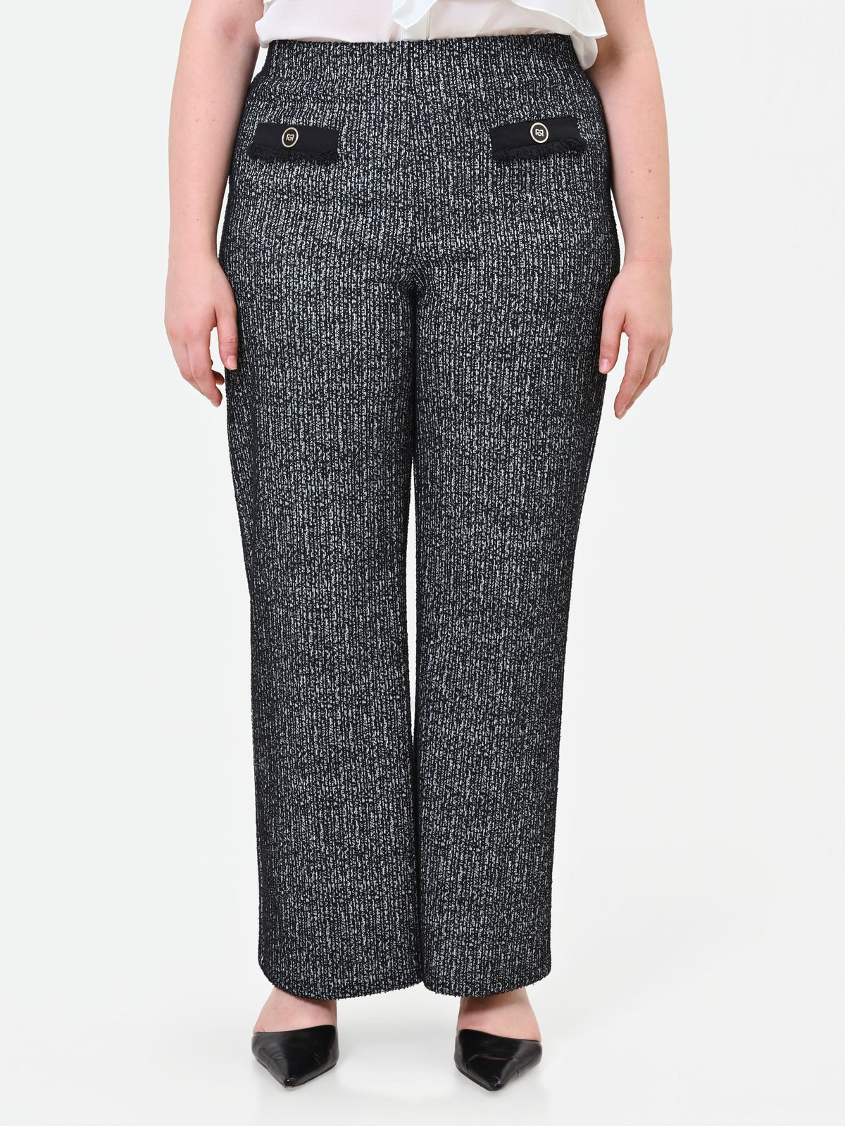 Pantalone Curvy nero a gamba dritta in tessuto boucle
