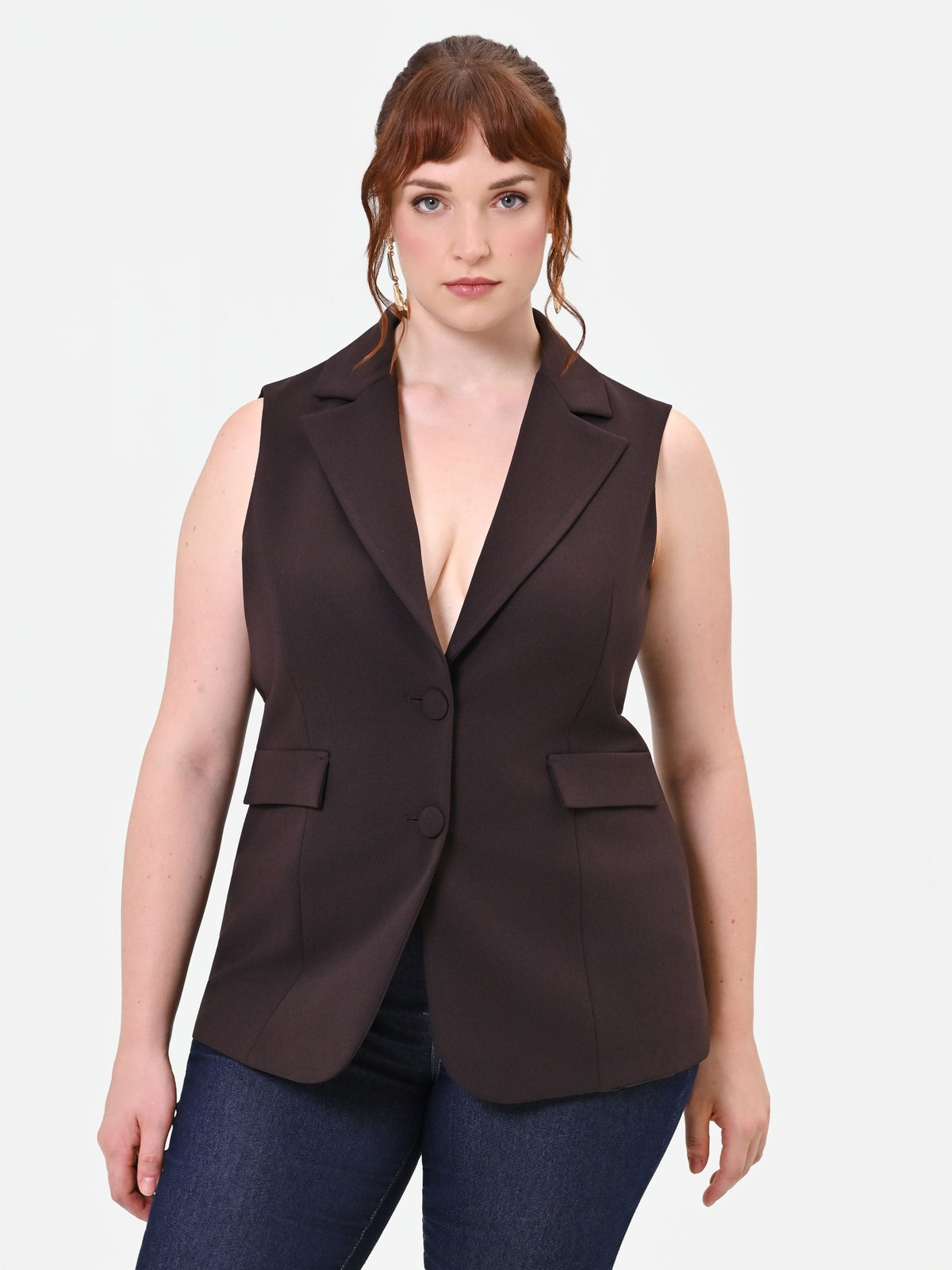 Gilet Curvy in tessuto tecnico marrone moro con revers