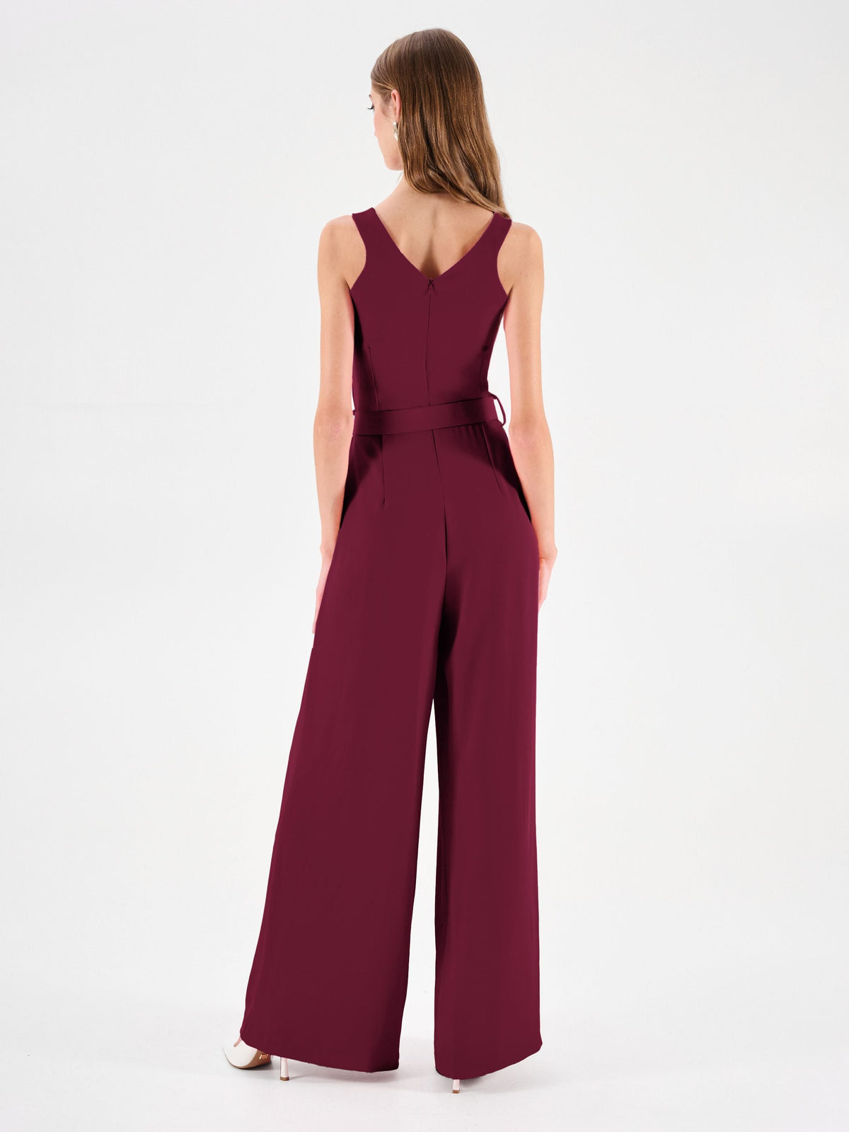 Tuta palazzo in cadi bordeaux con cintura