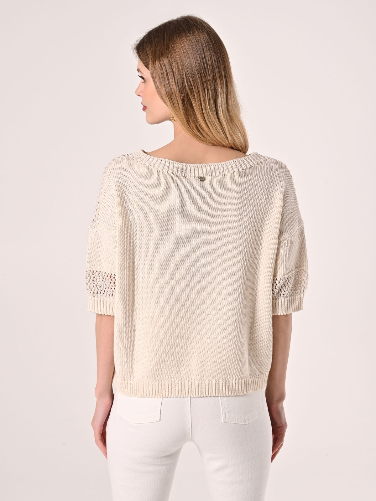 T-shirt in Maglia Traforata Beige