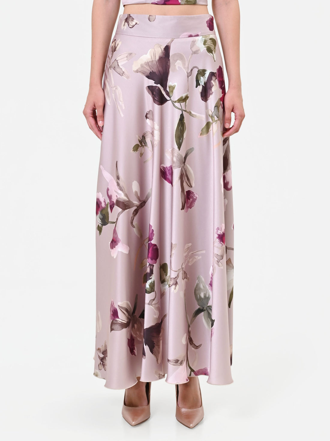 Gonna lunga in raso stampa floreale tortora beige