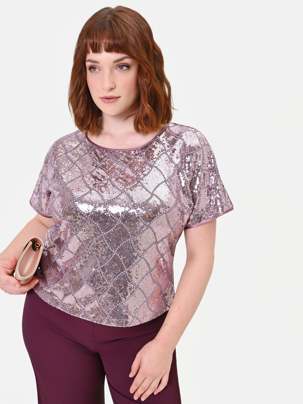 Blusa Curvy manica corta in paillettes rosa antico