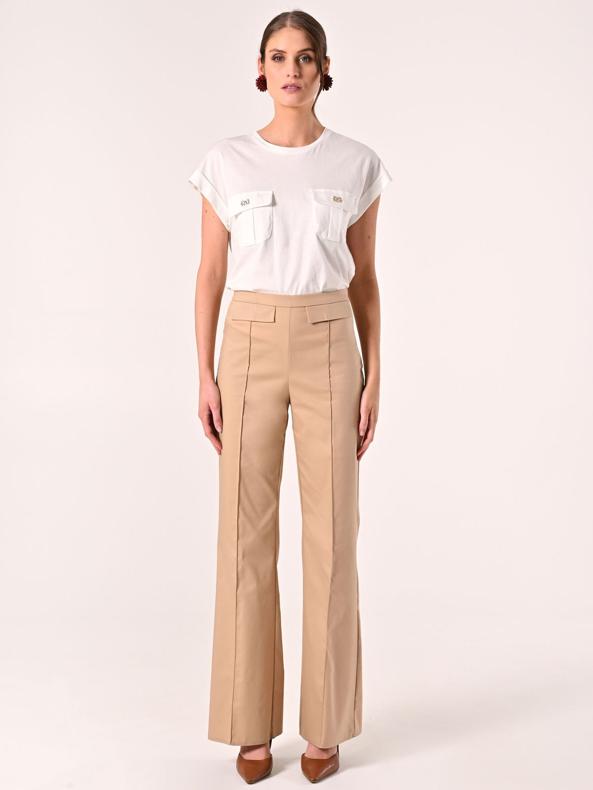 Pantaloni Beige in Cotone con Patte