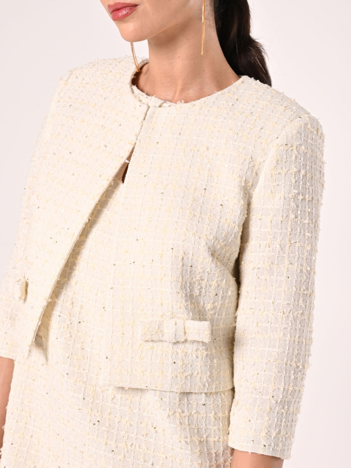 Giacca Beige Chiaro in Tweed con Micro Paillettes