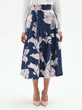 Gonna midi svasata in duchesse a fiori blu brillante