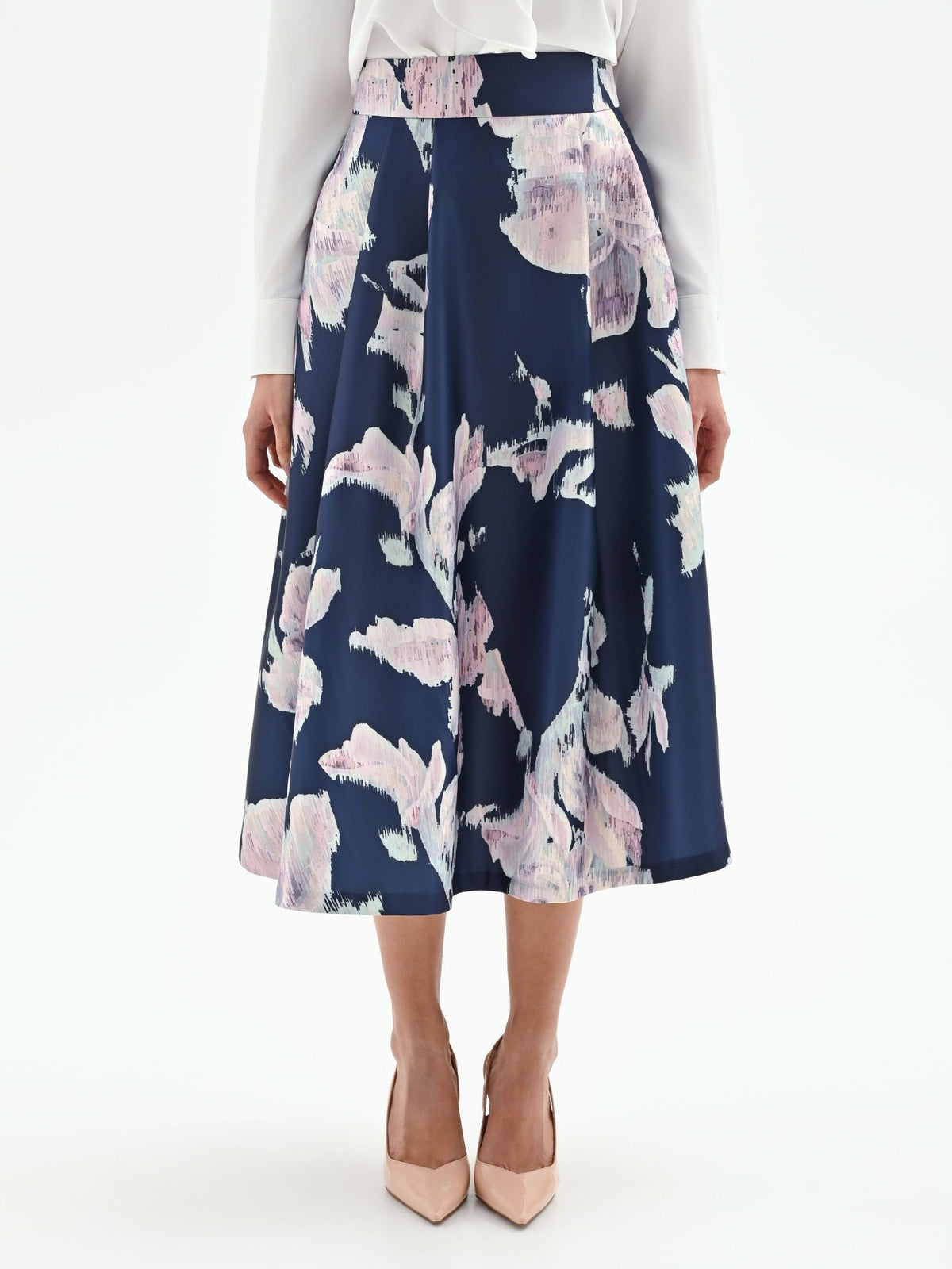Gonna midi svasata in duchesse a fiori blu brillante