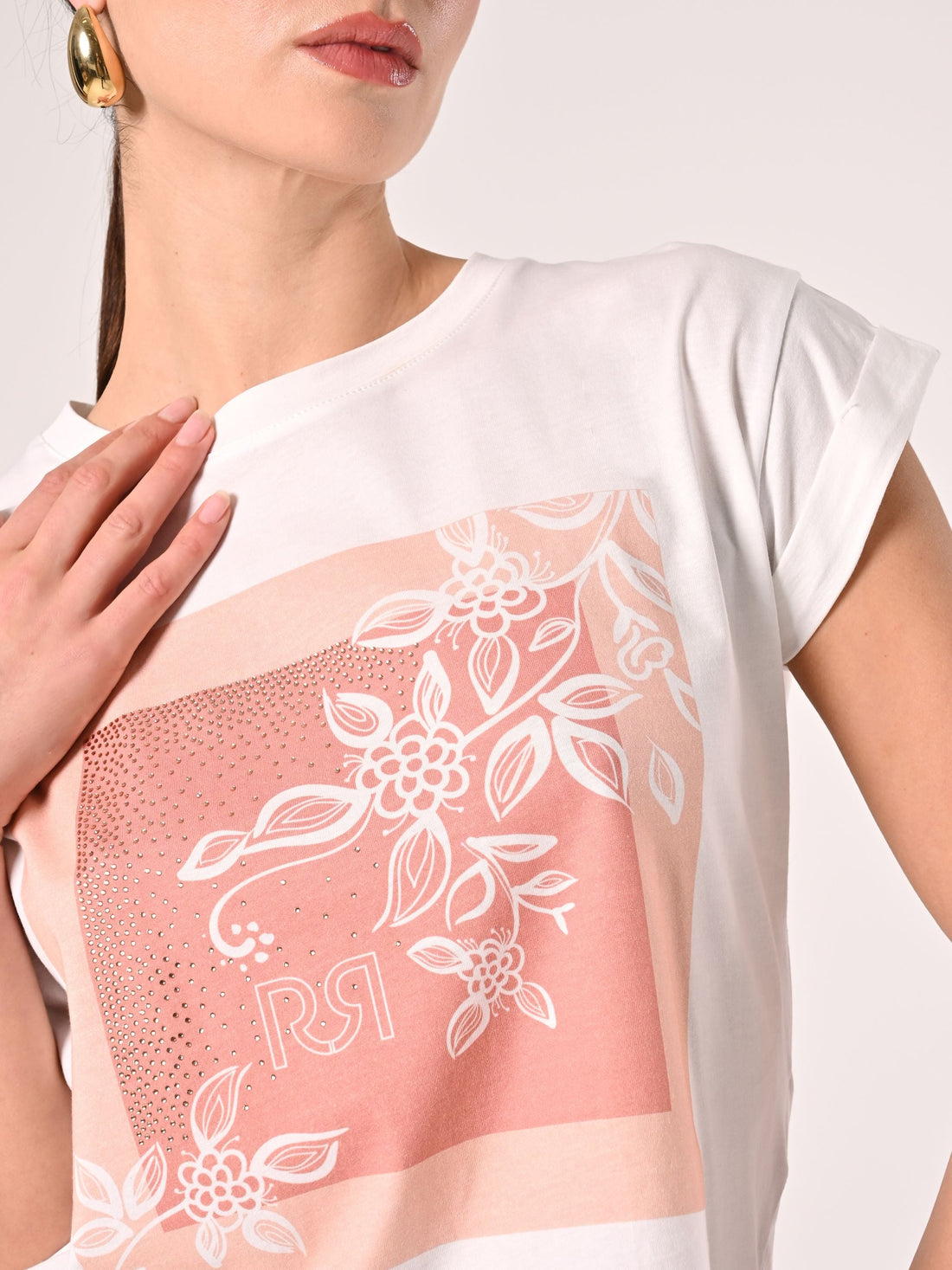 T-Shirt in Cotone con stampa Rosa & Strass