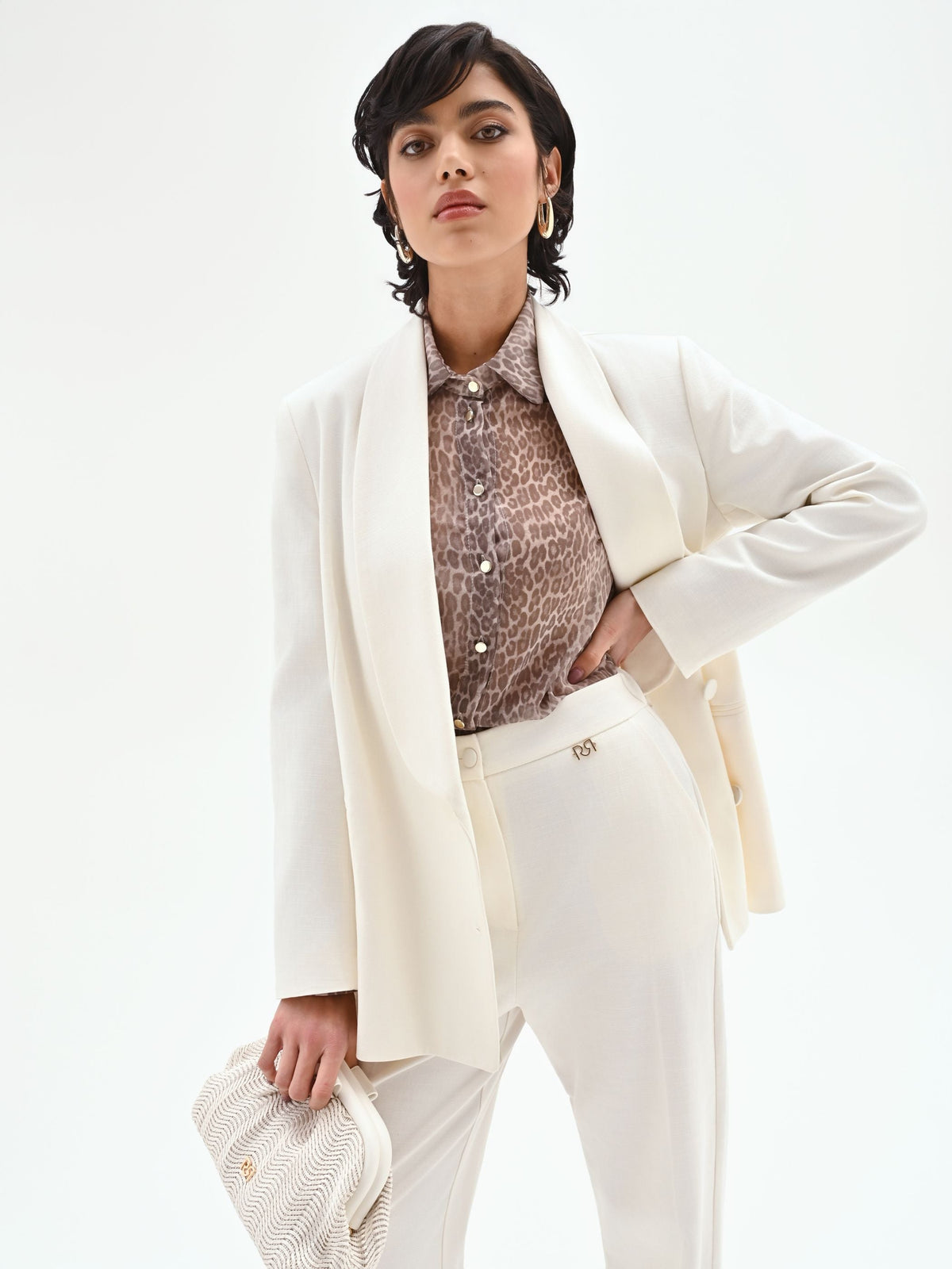 Giacca blazer doppiopetto in misto cotone lyocell bianco