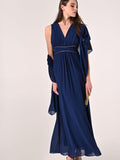 Abito Blu Lungo con Piping Strass