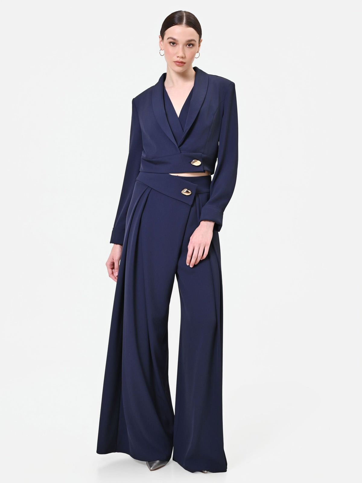 Pantalone palazzo blu navy con bottone design