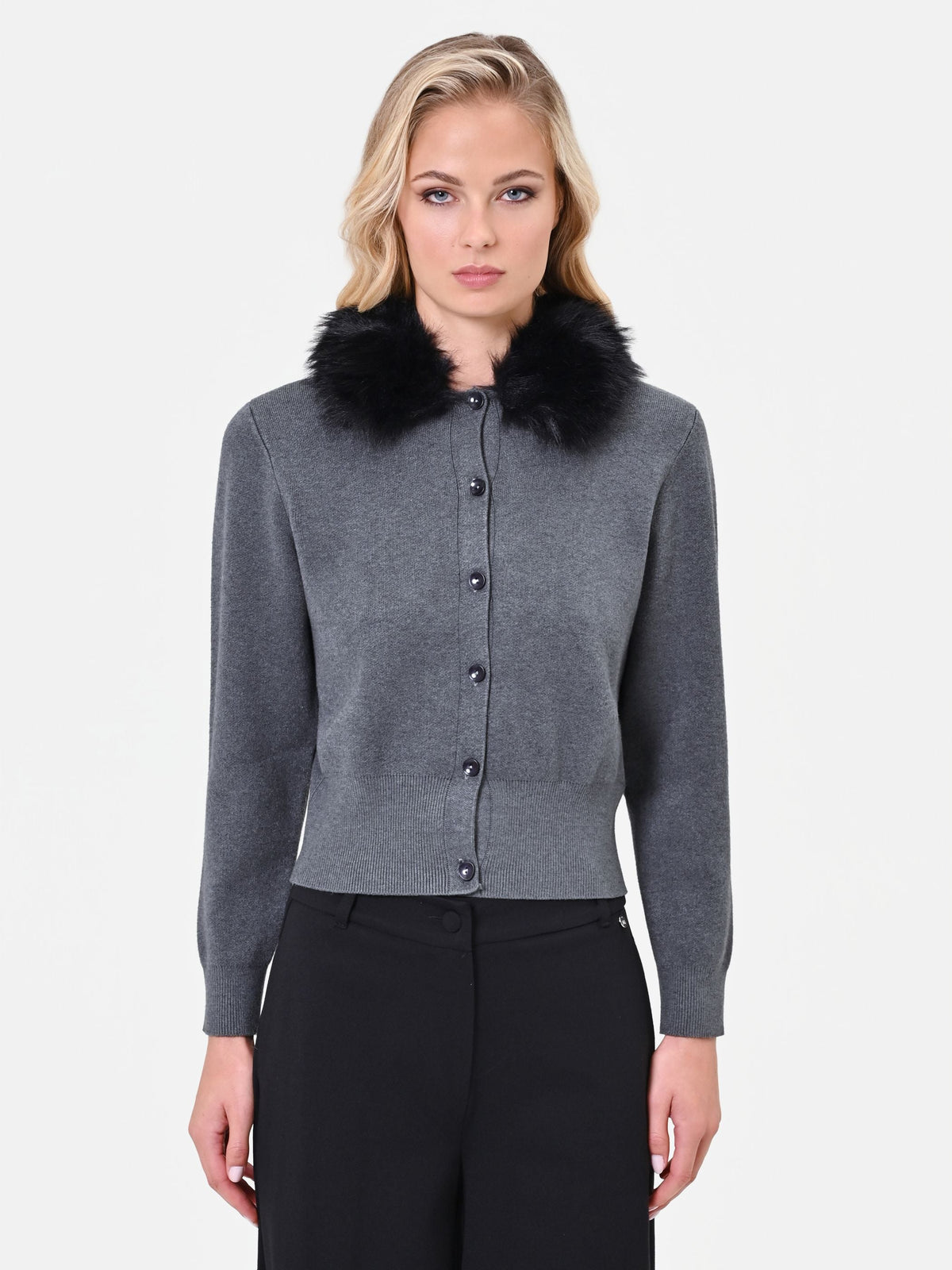 Cardigan in viscosa grigio scuro con collo effetto pelliccia