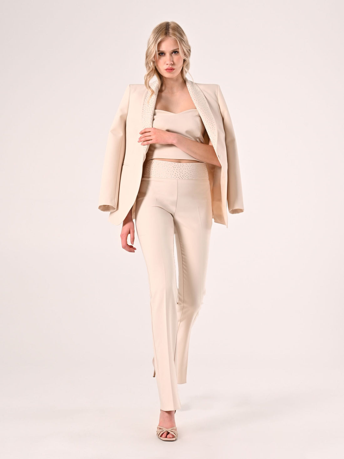Pantaloni Beige con Strass