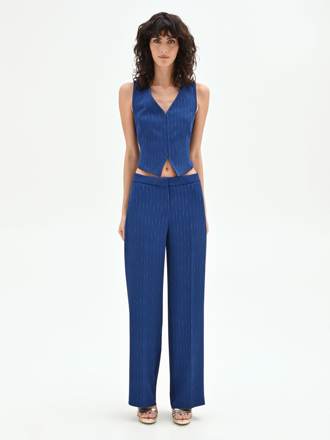 Pantalone gessato gamba ampia blu brillante a vita bassa