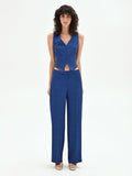 Pantalone gessato gamba ampia blu brillante a vita bassa