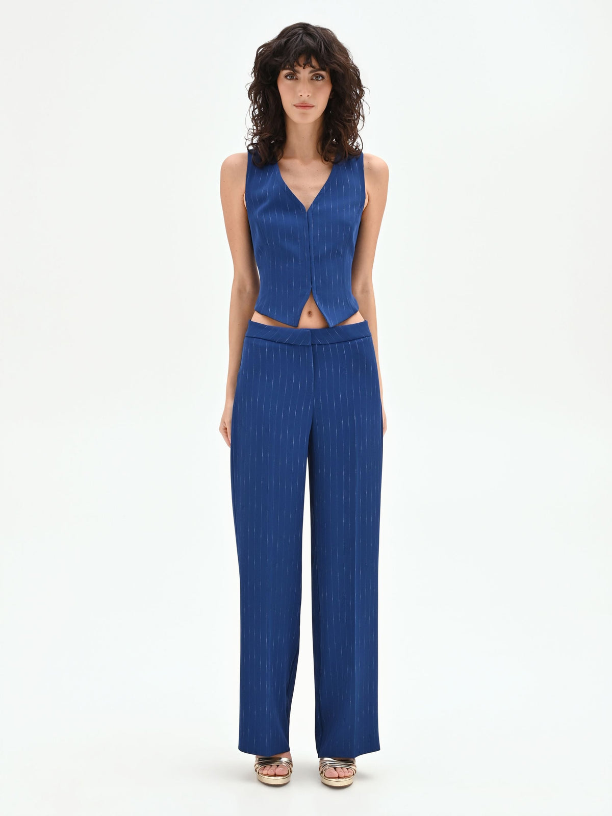 Pantalone gessato gamba ampia blu brillante a vita bassa