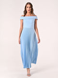 Abito Off-the-Shoulders Azzurro con Gonna Plissé