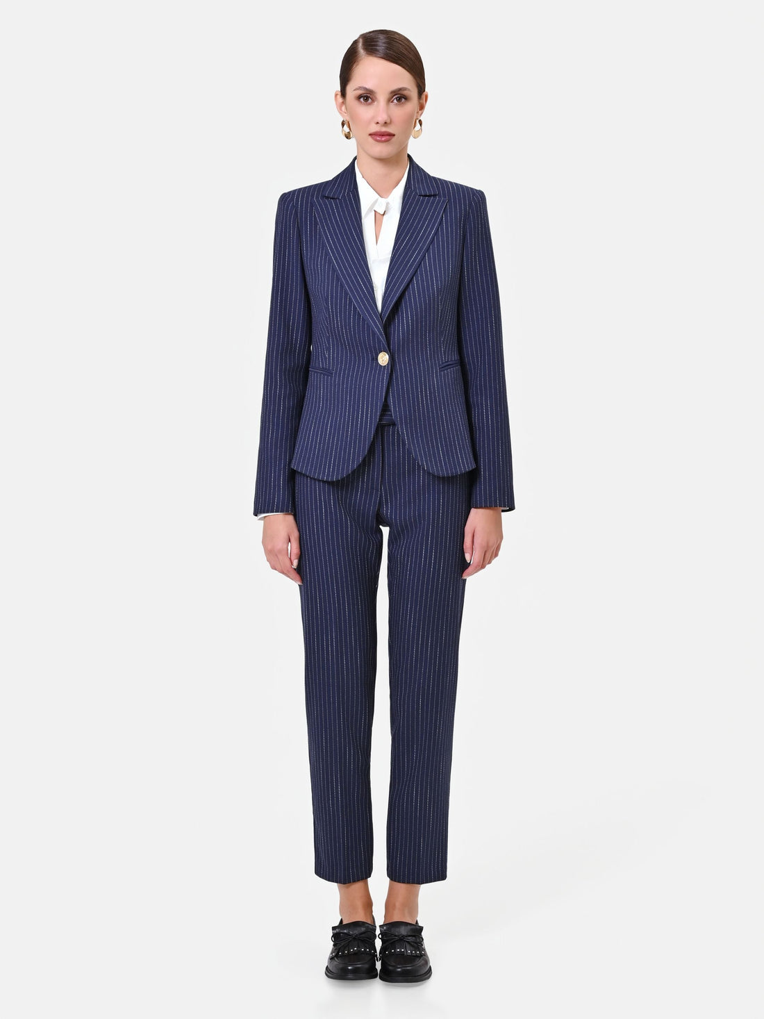 Giacca in misto viscosa blu navy gessata con bottone dorato
