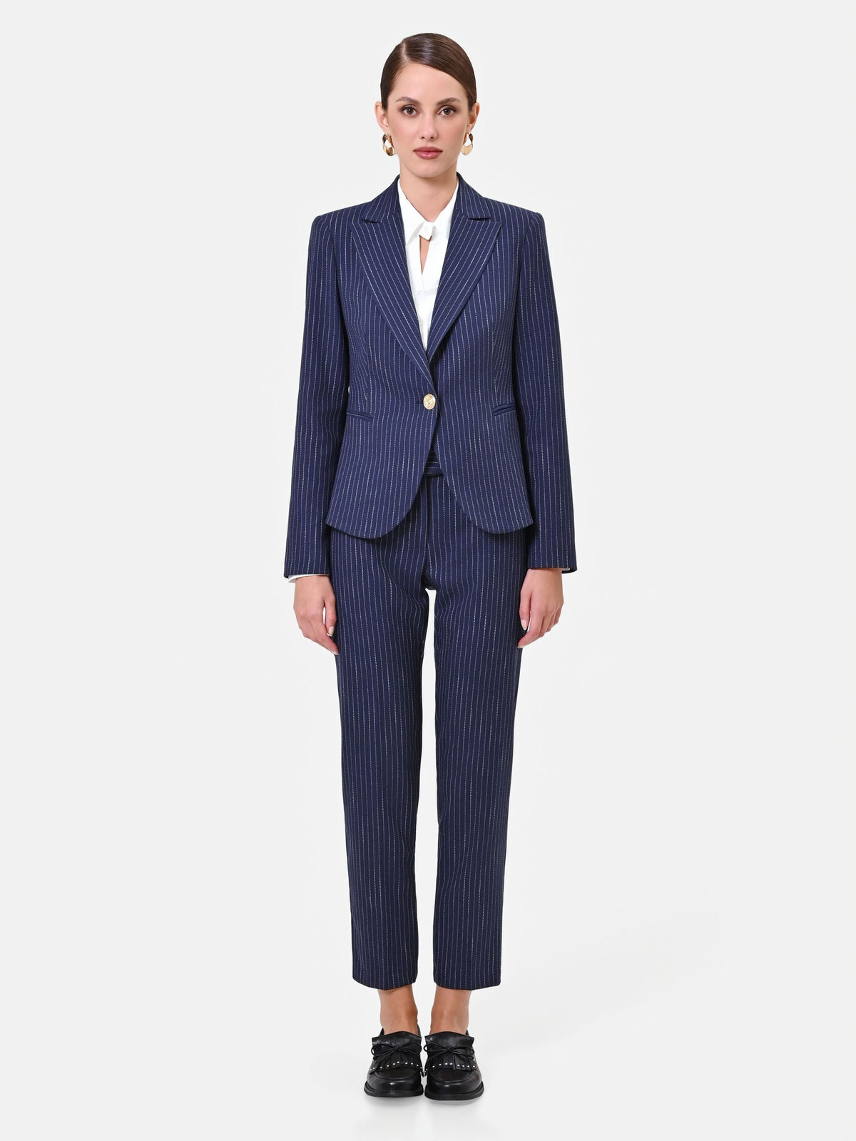 Giacca in misto viscosa blu navy gessata con bottone dorato