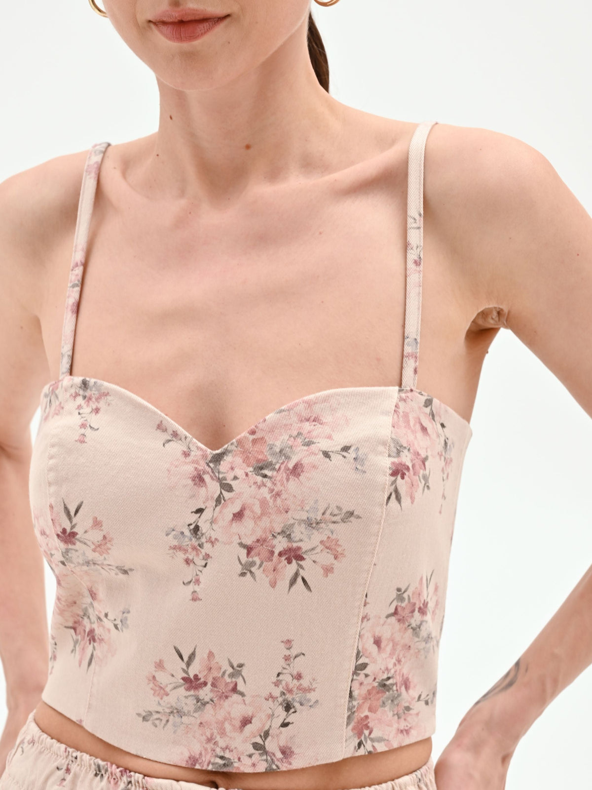 Top bustier in denim stampa floreale