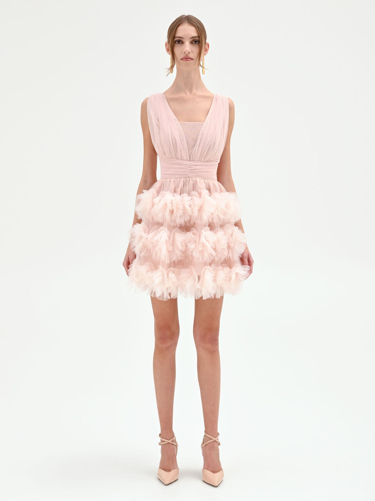 Abito corto rosa cipria con gonna in tulle