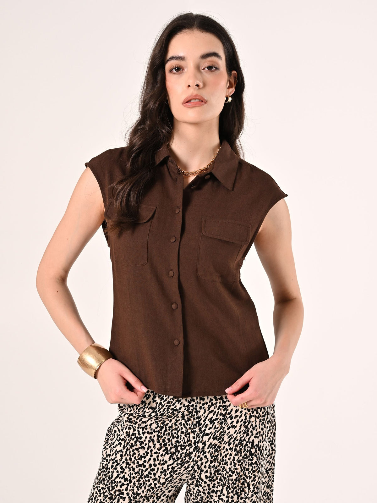 Camicetta in Lino Viscosa Marrone
