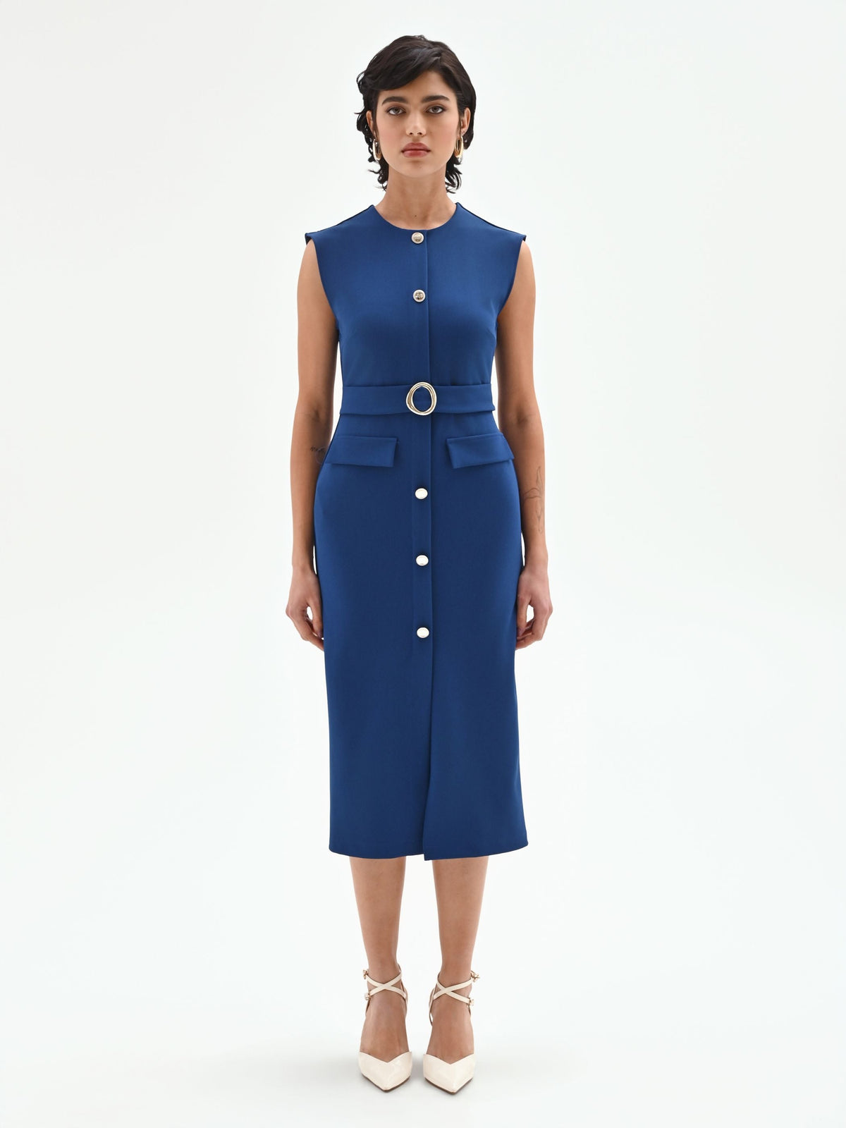 Tubino midi blu brillante con cintura