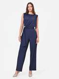 Tuta blu navy con pantalone palazzo e drappeggio