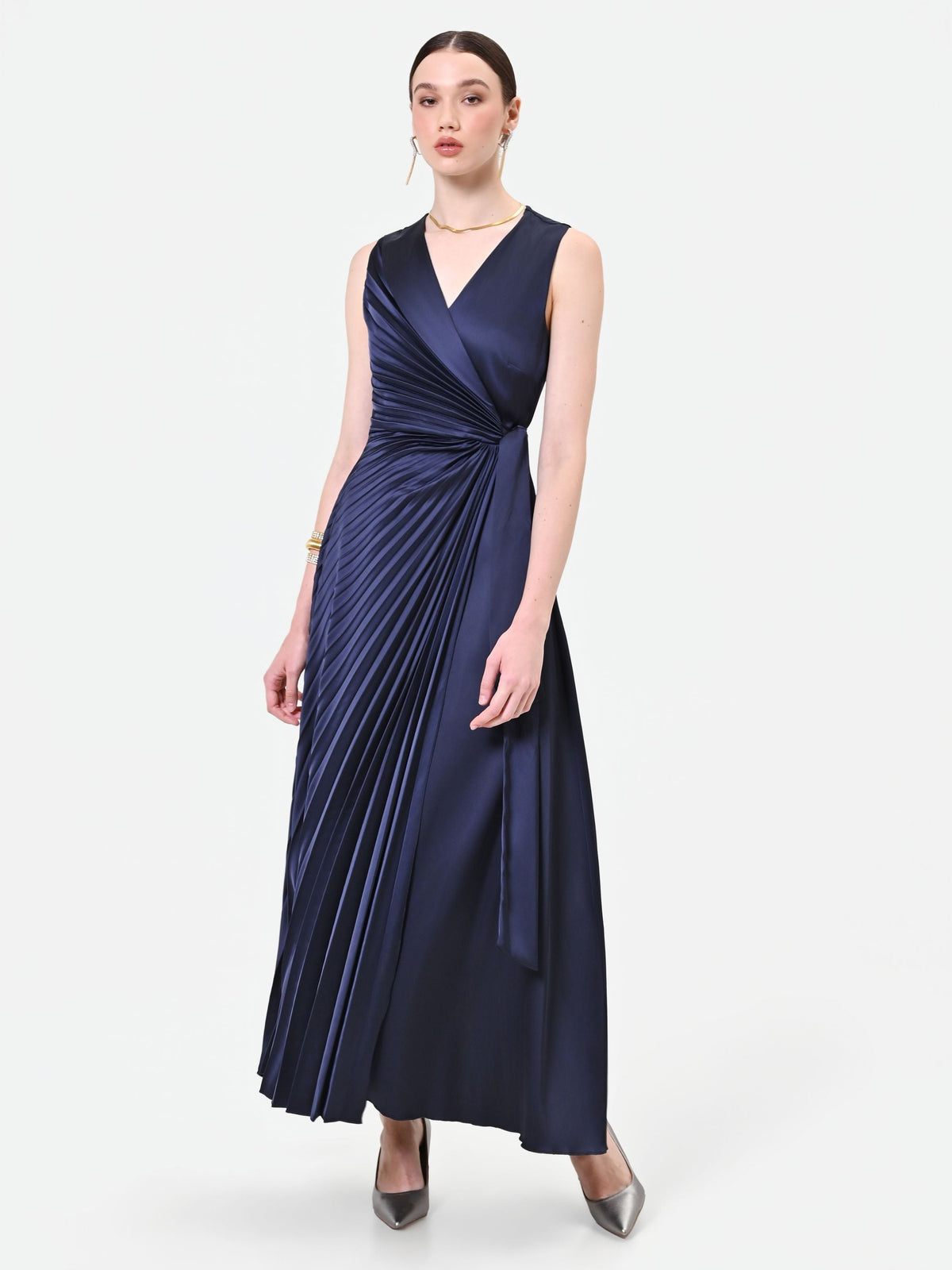 Abito lungo blu navy plissé