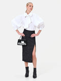 Gonna midi nera con spacco in tessuto jacquard