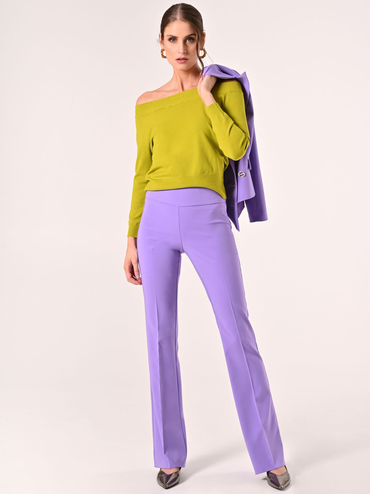 Pantaloni in Tessuto Tecnico Lilla con Fascione in Vita