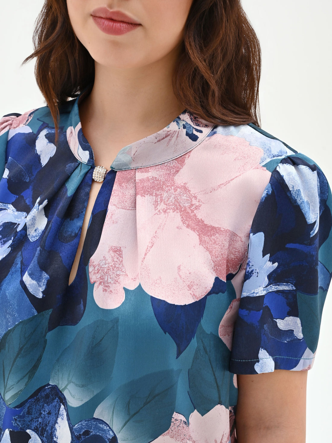 Blusa blu ottanio curvy con stampa floreale